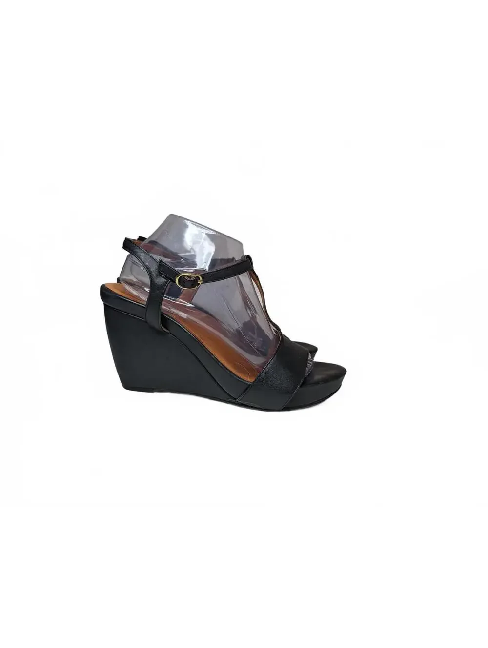 L'Amour Black T-Strap Wedge Sandals with Buckle Accent